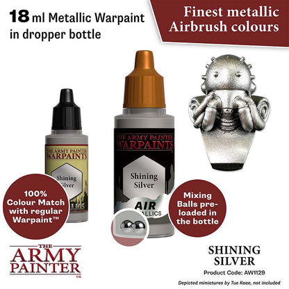 The Army Painter Air Shining Silver 18ml metallic airbrush paint with mixing balls in dropper bottle