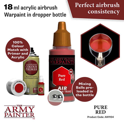 The Army Painter Air Pure Red 18ml acrylic airbrush paint with mixing balls for perfect consistency.