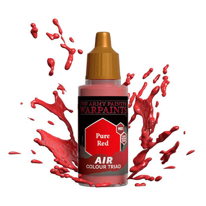 The Army Painter Air Pure Red paint bottle with vibrant red color splashes illustrating airbrush paint quality and pigment.