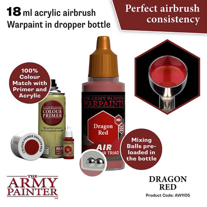 The Army Painter Air Dragon Red acrylic airbrush paint in 18ml dropper bottle with mixing balls.