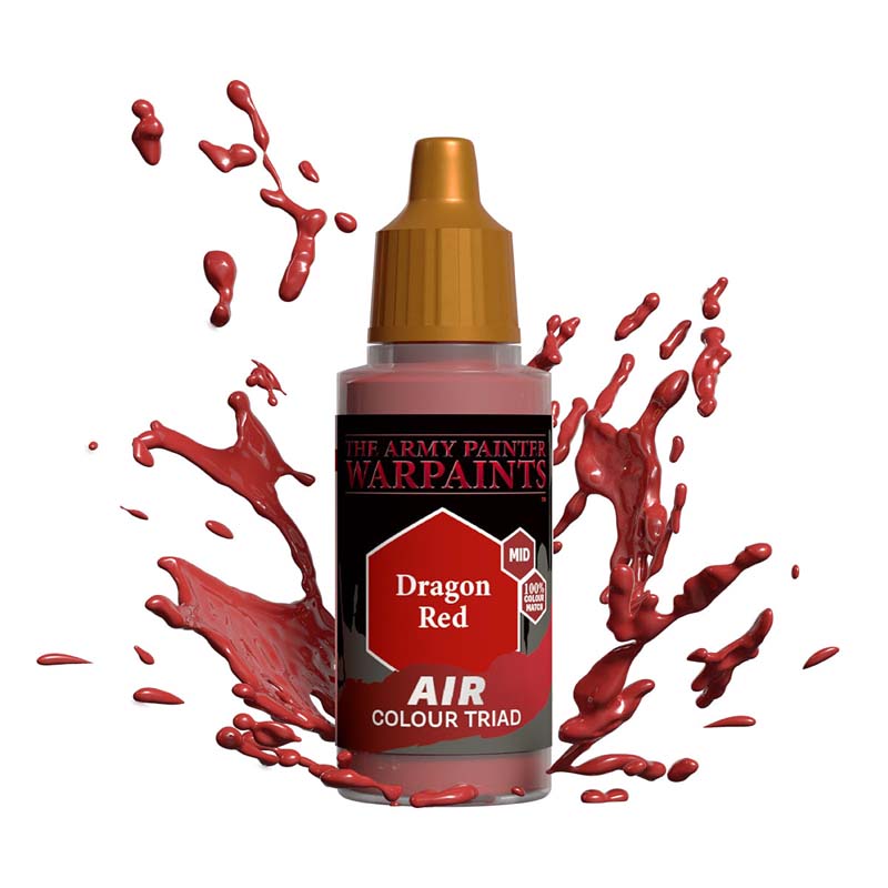 The Army Painter Air Dragon Red bottle with mid-tone red paint splashes illustrating rich pigment quality.
