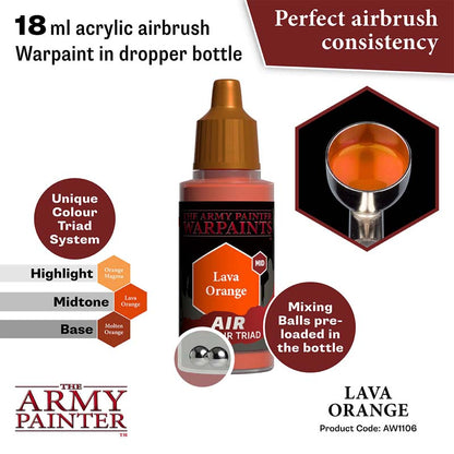 The Army Painter Air Lava Orange 18ml acrylic airbrush paint with perfect consistency and mixing balls in dropper bottle.