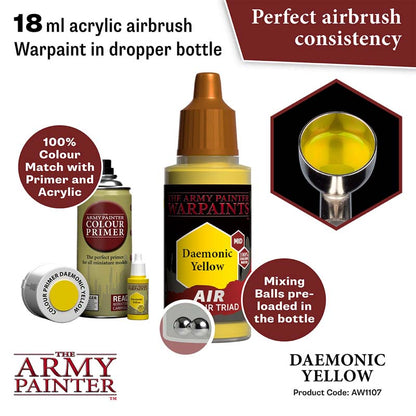 The Army Painter Air Daemonic Yellow acrylic airbrush paint with mixing balls for smooth application.