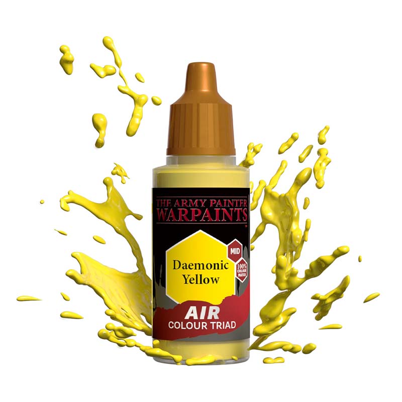 The Army Painter Air Daemonic Yellow mid-tone airbrush paint with dynamic yellow paint splash background