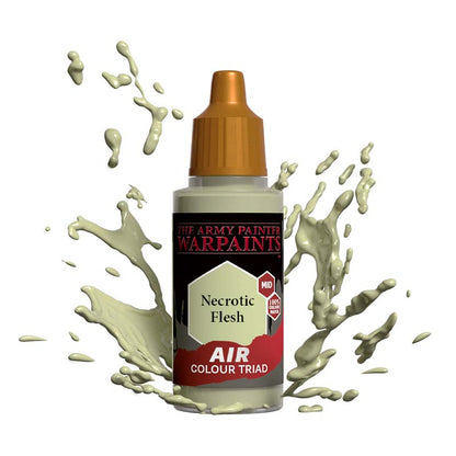 The Army Painter Air Necrotic Flesh bottle with paint splashes showcasing airbrush acrylic paint for miniature painting.