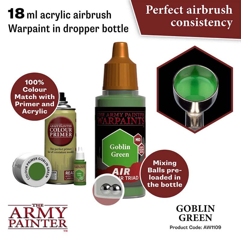 The Army Painter Air Goblin Green 18ml acrylic airbrush warpaint with mixing balls for smooth application