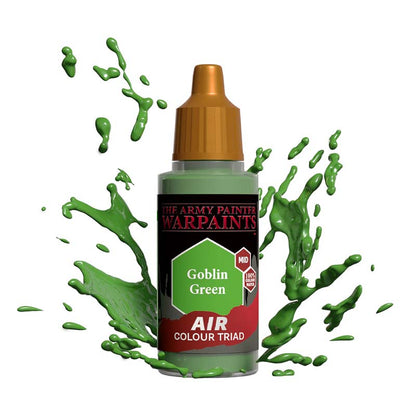 The Army Painter Air Goblin Green bottle with mid-tone green paint splashes showcasing airbrush paint for miniatures.
