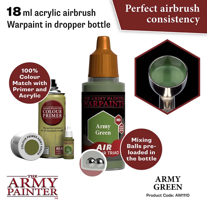 The Army Painter Air The Army Green acrylic airbrush paint with mixing balls for smooth application and color matching primer.