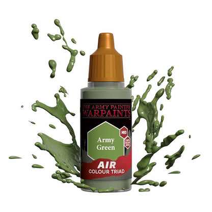 The Army Painter Air The Army Green airbrush paint bottle with green paint splashes in mid-air background.