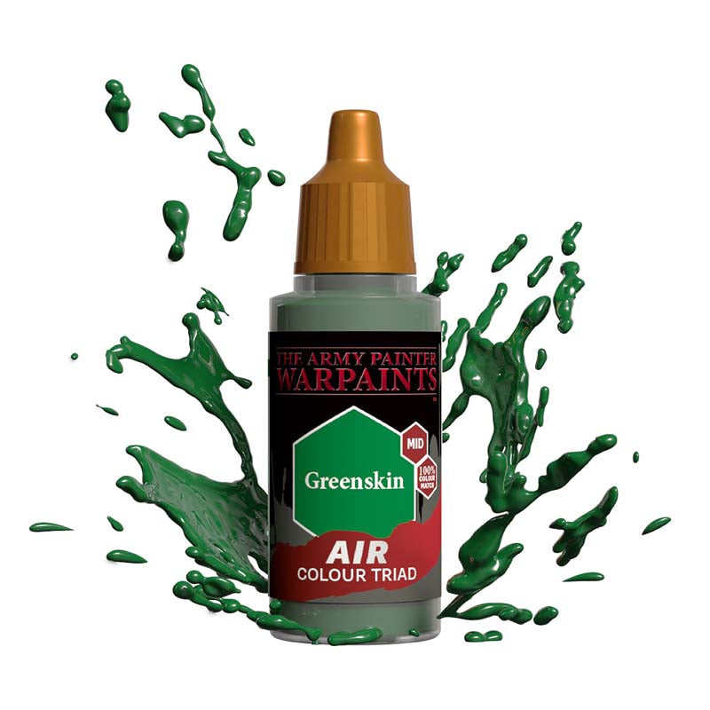 The Army Painter Air Greenskin bottle with mid-tone green paint splashes showcasing airbrush color triad quality.