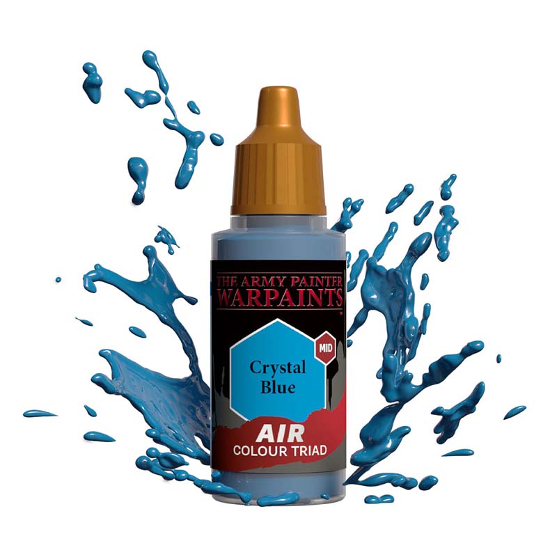 The Army Painter Air Crystal Blue bottle with vibrant blue paint splashes for miniature airbrush painting.