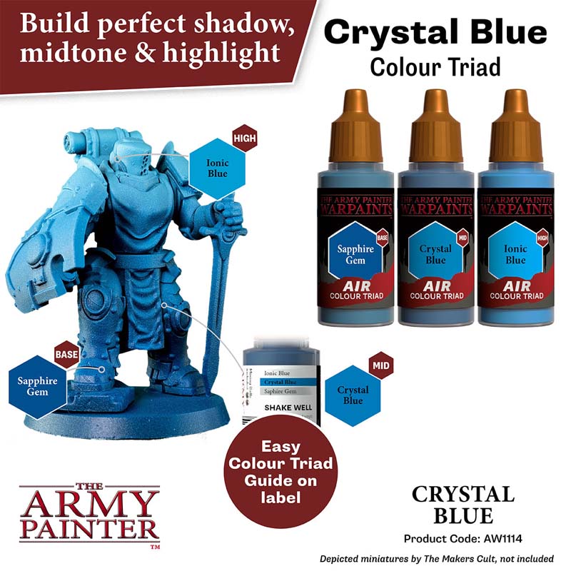 The Army Painter Air Crystal Blue paint set with three shades for detailed miniature airbrushing and color blending.