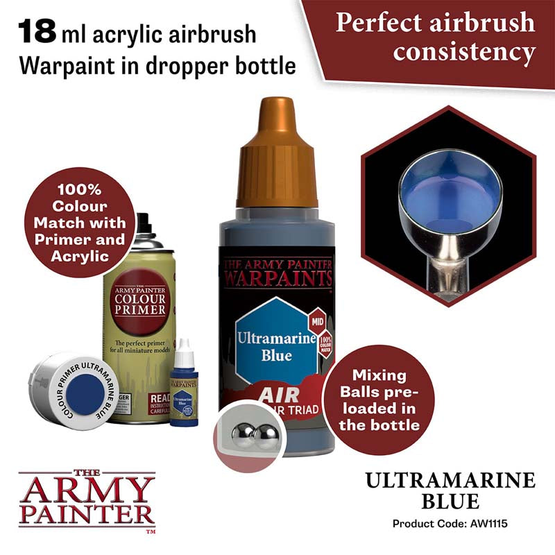 The Army Painter Air Ultramarine Blue 18ml airbrush acrylic warpaint with mixing balls and perfect consistency