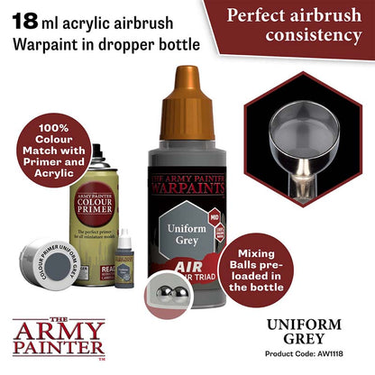 The Army Painter Air Uniform Grey airbrush paint in 18ml dropper bottle with mixing balls and perfect consistency
