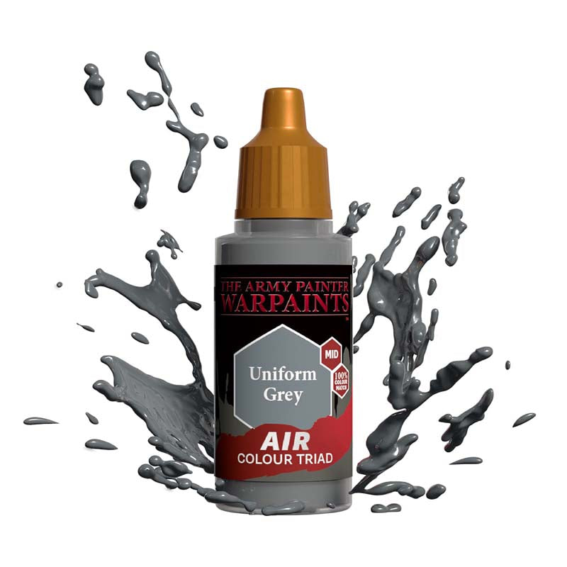 The Army Painter Air Uniform Grey paint bottle with grey paint splashes showcasing mid-tone air paint for miniatures and models.