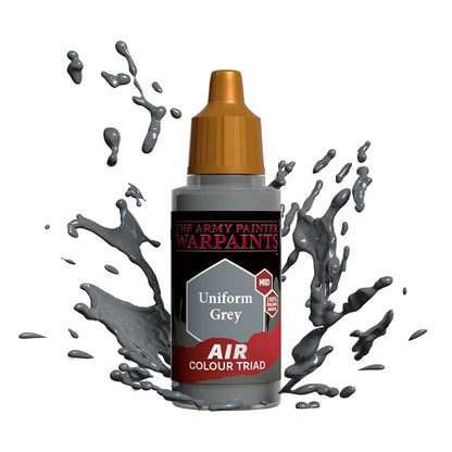 The Army Painter Air Uniform Grey paint bottle with grey paint splashes showcasing mid-tone air paint for miniatures and models.