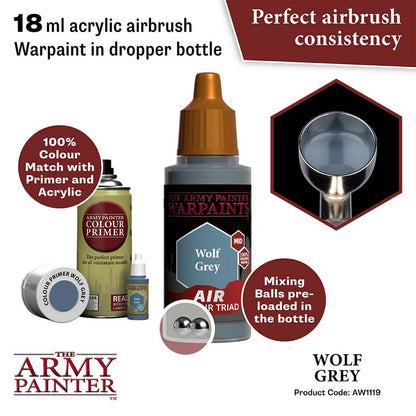 The Army Painter Air Wolf Grey 18ml acrylic airbrush paint with mixing balls for perfect consistency.