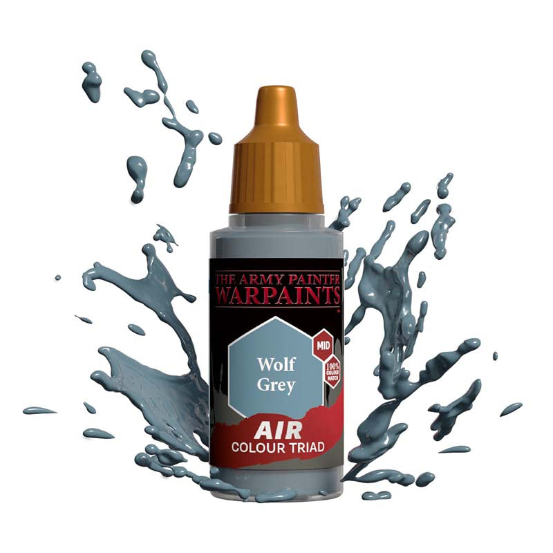 The Army Painter Air Wolf Grey bottle with grey paint splashes showcasing mid-tone airbrush paint from the Air Colour Triad.