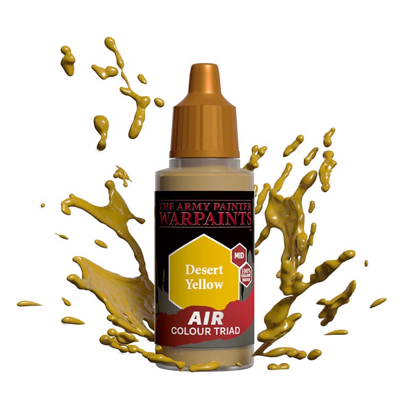 The Army Painter Air Desert Yellow airbrush paint bottle with desert yellow paint splashes around it.