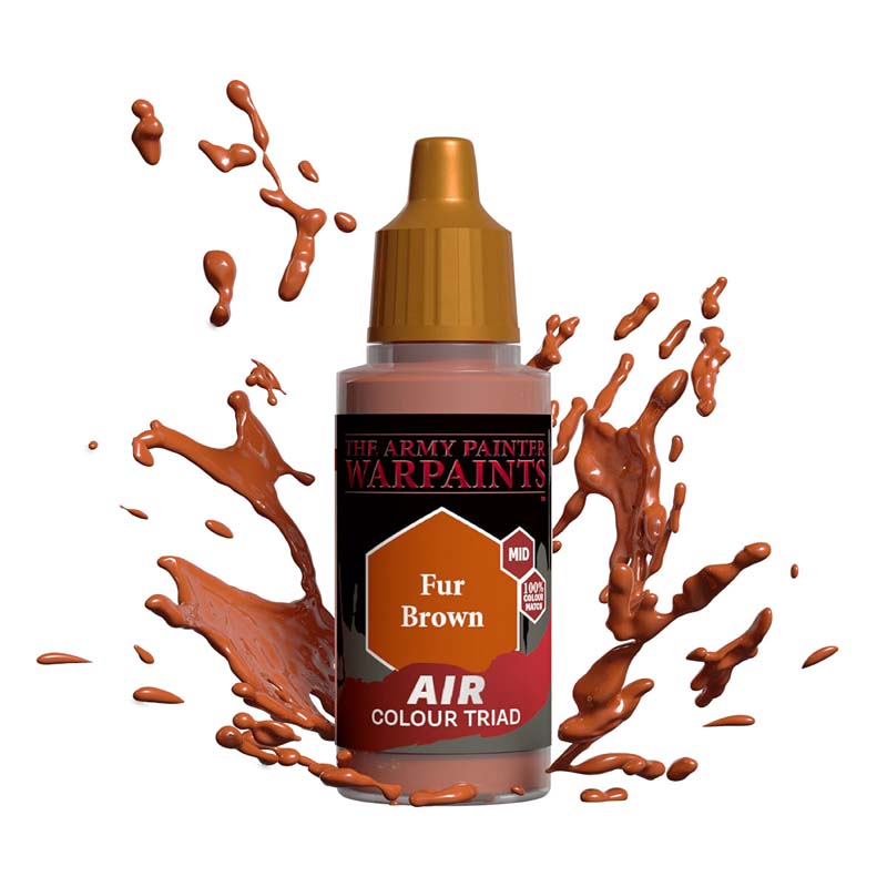 The Army Painter Air Fur Brown paint bottle with dynamic brown paint splashes showcasing mid-tone acrylic paint.