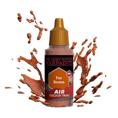 The Army Painter Air Fur Brown paint bottle with dynamic brown paint splashes showcasing mid-tone acrylic paint.