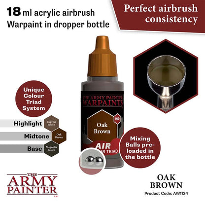 The Army Painter Air Oak Brown 18ml acrylic airbrush paint bottle with mixing balls and color triad system.