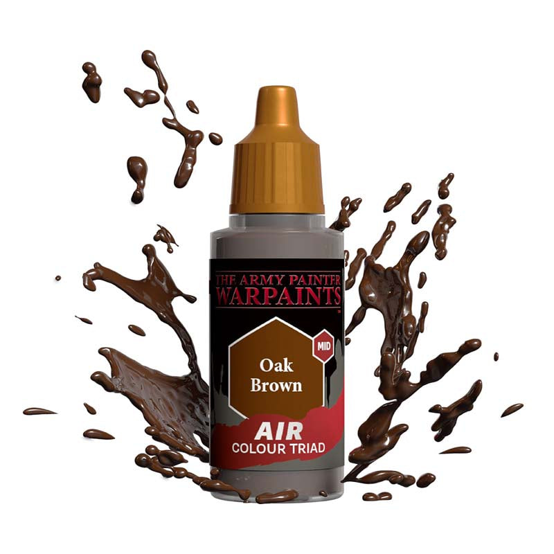 The Army Painter Air Oak Brown bottle with mid-tone brown paint splashes showcasing air paint for miniatures and models.