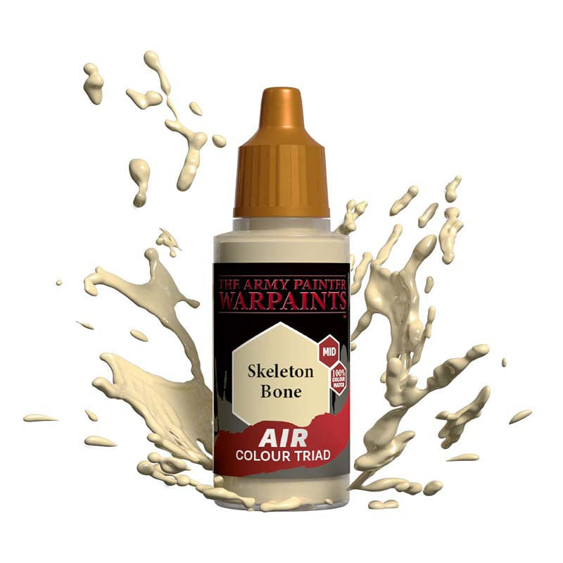 The Army Painter Air Skeleton Bone bottle with beige paint splashes showcasing airbrush paint for miniature models.