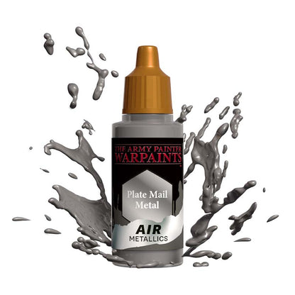 The Army Painter Air Plate Mail Metal with metallic silver paint splashes for miniature and model painting use.
