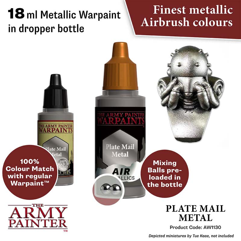 The Army Painter Air Plate Mail Metal 18ml metallic warpaint with mixing balls for airbrush use.