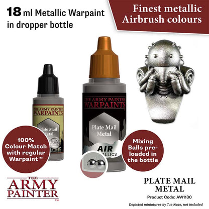 The Army Painter Air Plate Mail Metal 18ml metallic warpaint with mixing balls for airbrush use.