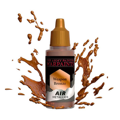 The Army Painter Air Weapon Bronze metallic paint bottle with bronze paint splashes around it.