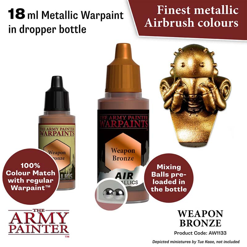The Army Painter Air Weapon Bronze airbrush metallic paint in 18ml dropper bottle with mixing balls for model detailing