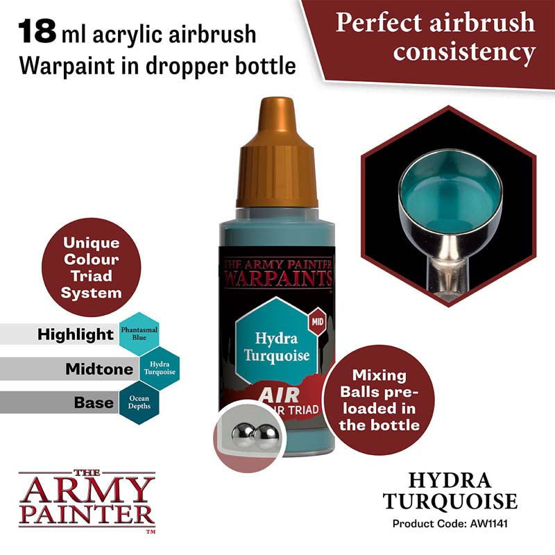 The Army Painter Air Hydra Turquoise 18ml acrylic airbrush paint with perfect consistency and mixing balls in dropper bottle.