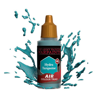 The Army Painter Air Hydra Turquoise bottle with dynamic turquoise paint splashes showcasing vibrant airbrush paint.