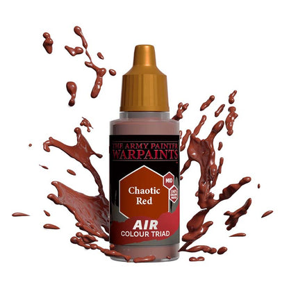 The Army Painter Air Chaotic Red bottle with mid-tone paint splashes for miniature and model painting.