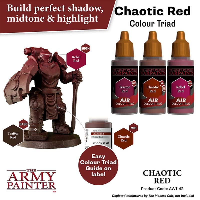 The Army Painter Air Chaotic Red paint trio with Rebel, Chaotic, and Traitor Red for advanced miniature shading.