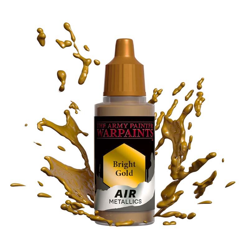 The Army Painter Air Bright Gold metallic paint bottle with dynamic gold paint splashes around it