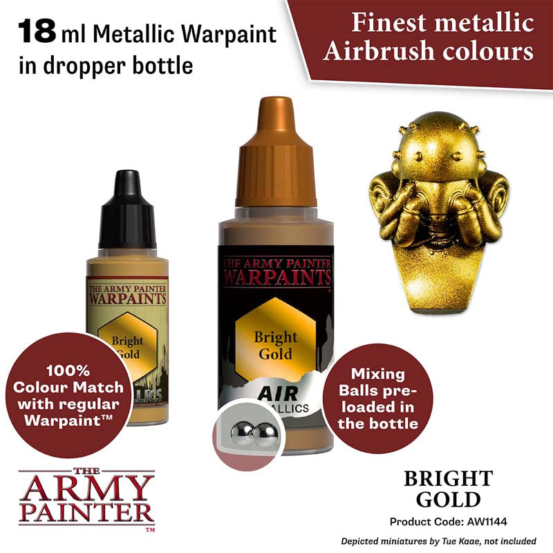 The Army Painter Air Bright Gold 18ml metallic airbrush paint with preloaded mixing balls for smooth application.