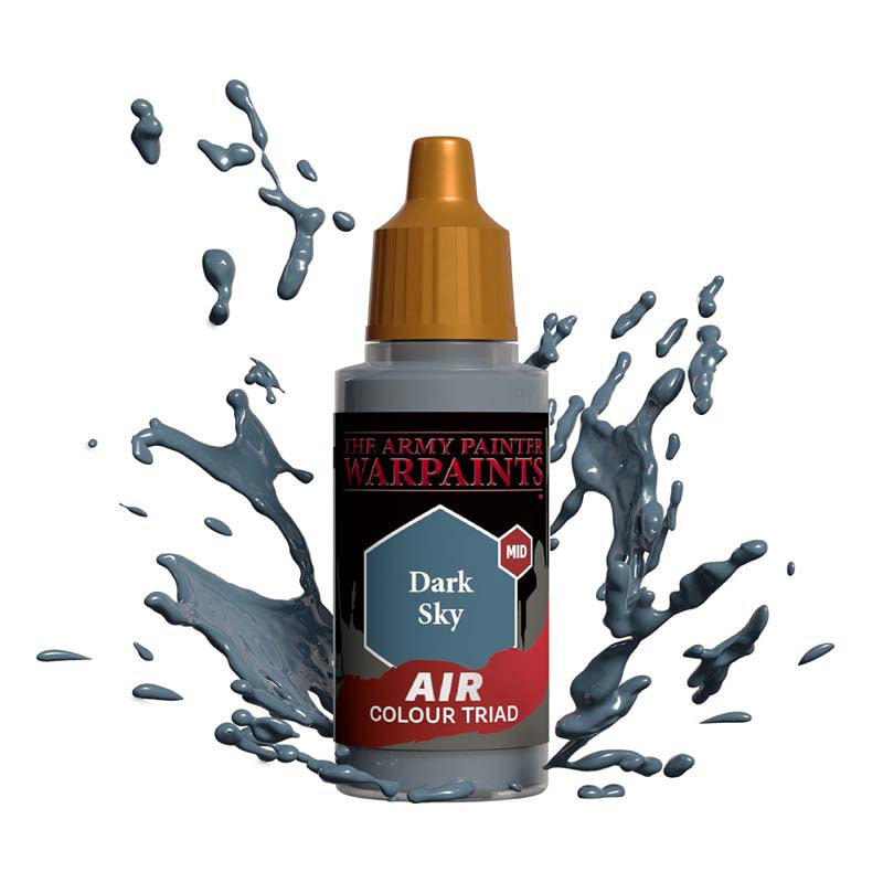 The Army Painter Air Dark Sky bottle with grey-blue paint splashes showcasing airbrush paint for miniatures and models.