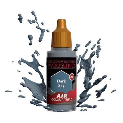 The Army Painter Air Dark Sky bottle with grey-blue paint splashes showcasing airbrush paint for miniatures and models.