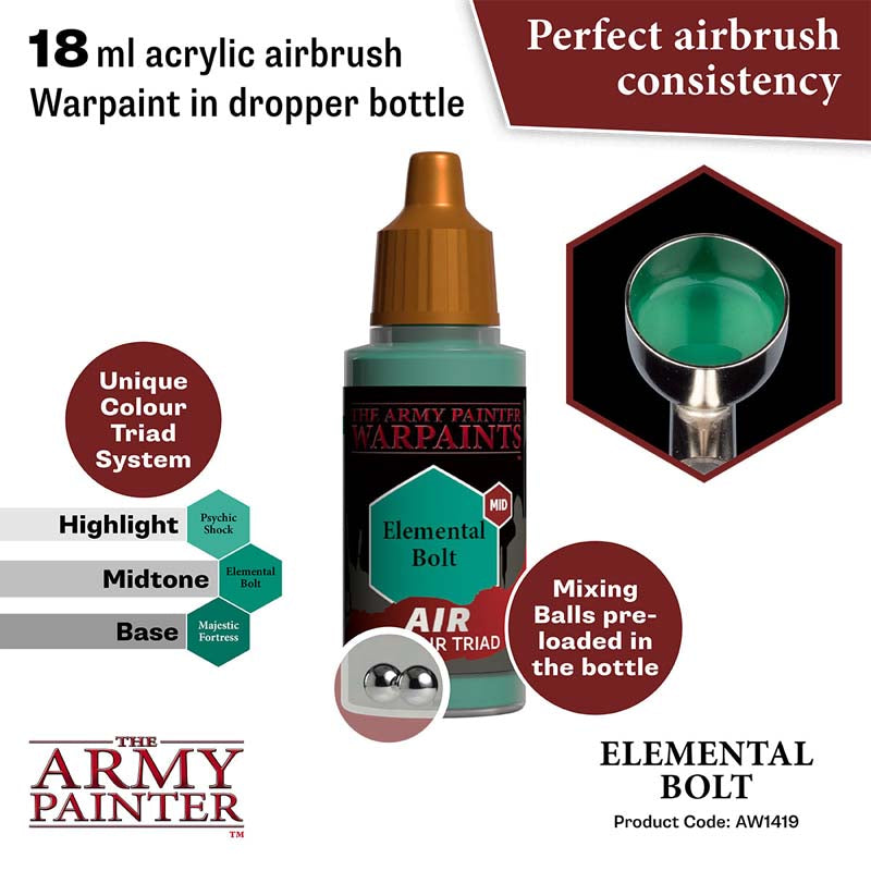 The Army Painter Air Elemental Bolt acrylic airbrush paint in 18ml dropper bottle with mixing balls and triad color system