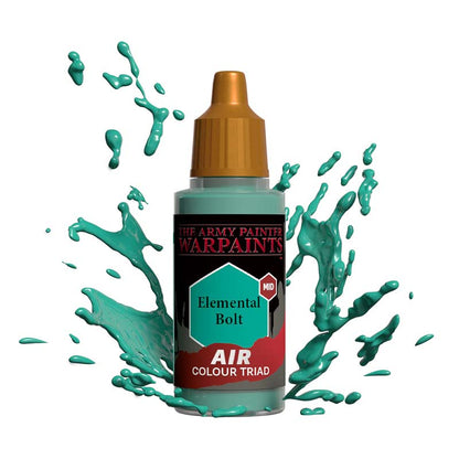 The Army Painter Air Elemental Bolt bottle with teal paint splashes illustrating vibrant aircolour paint.