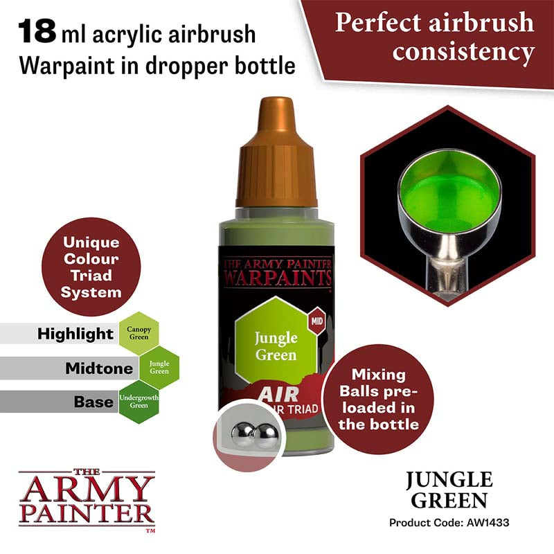 The Army Painter Air Jungle Green 18ml acrylic airbrush warpaint with perfect consistency and mixing balls in dropper bottle
