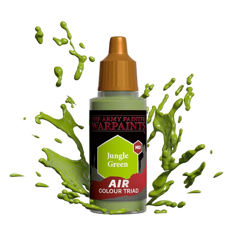 The Army Painter Air Jungle Green paint bottle with splashes of vibrant green color in motion on white background