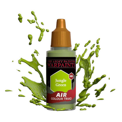 The Army Painter Air Jungle Green paint bottle with splashes of vibrant green color in motion on white background