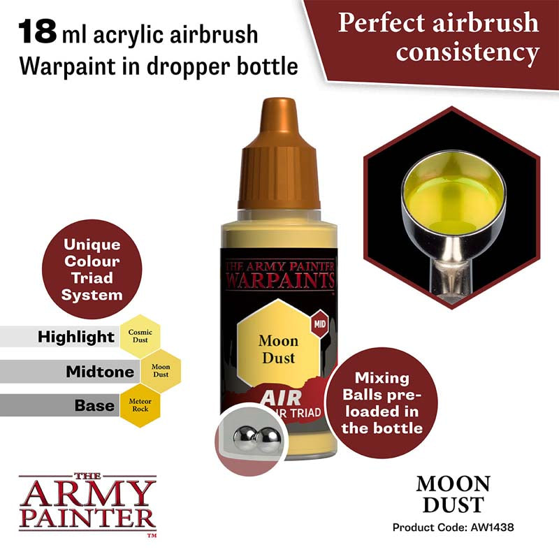 The Army Painter Air Moon Dust acrylic airbrush paint in 18ml dropper bottle with mixing balls and triad color system.