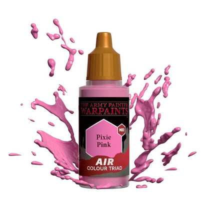The Army Painter Air Pixie Pink airbrush paint bottle with pink paint splashes for miniature painting.