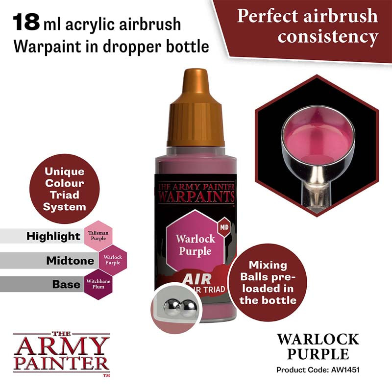 The Army Painter Air Warlock Purple 18ml acrylic airbrush paint with perfect airbrush consistency and pre-loaded mixing balls.