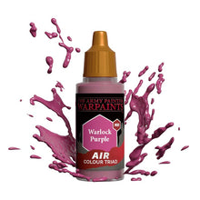 The Army Painter Air Warlock Purple bottle with mid-tone purple paint splashes from the Air Colour Triad series.